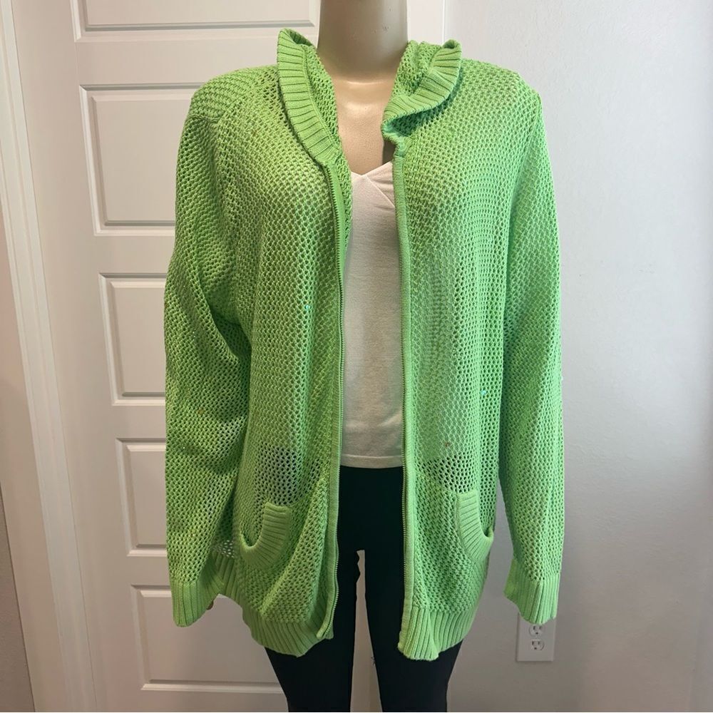 Quaker Factory  3X Lime Green Open-Knit Zip Cardigan Sweater Jacket Sequins Hood